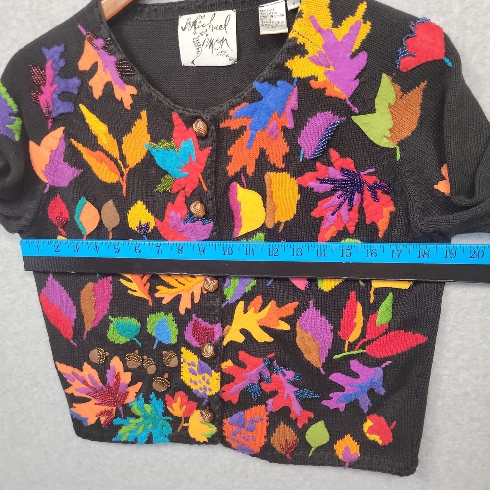 Vintage MICHAEL SIMON Cardigan Sweater Sz S Fall Leaves Acorns Beads Embroidered - Picture 13 of 16